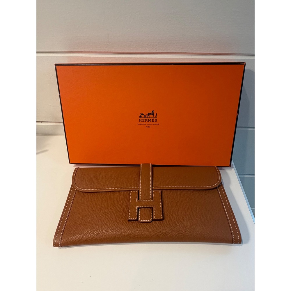 Hermes Jige Elan 29 Clutch Bag Gold Epsom Leather H Logo Brown Handbag Boxed - Picture 3 of 11